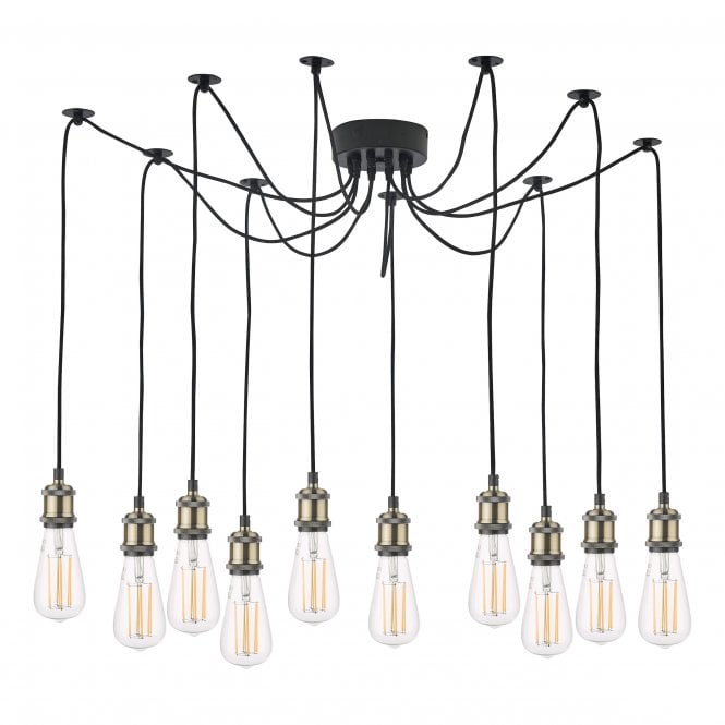 WACO 10 Light Hanging Ceiling Pendant Light Antique Brass Matt Black