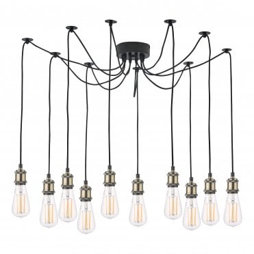10 light hanging ceiling pendant with exposed bulbs