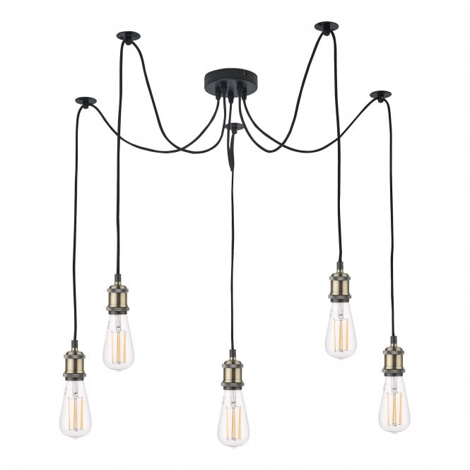 WACO 5 Light Hanging Ceiling Pendant Light Antique Brass Matt Black