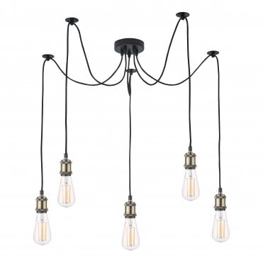 industrial 5 light hanging ceiling pendant with exposed bulbs