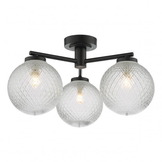 Wayne IP44 3 Light Semi-Flush Bathroom Ceiling Light - Matt Black & Textured Glass