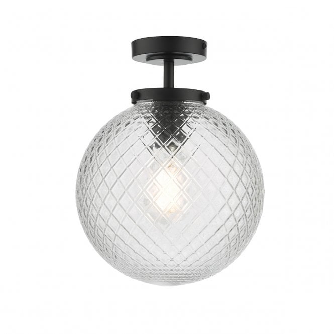Wayne IP44 Semi-Flush Bathroom Ceiling Light - Matt Black & Textured Glass