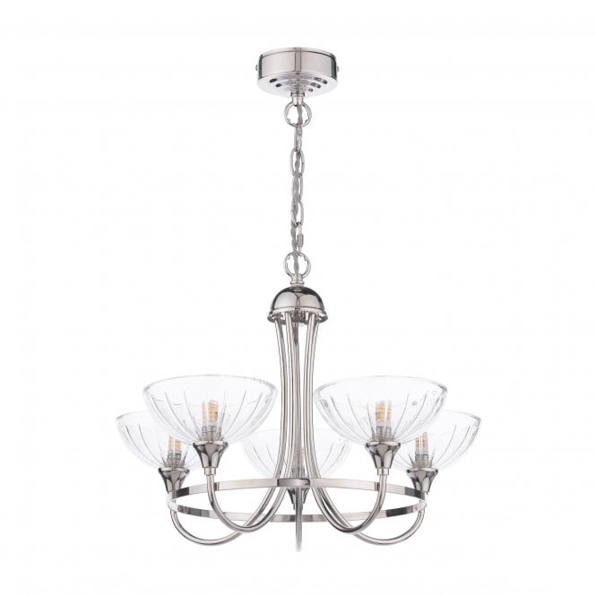Wellham 5 Light Ceiling Pendant - Polished Nickel & Ribbed Glass