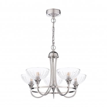 Wellham 5 Light Ceiling Pendant - Polished Nickel & Ribbed Glass
