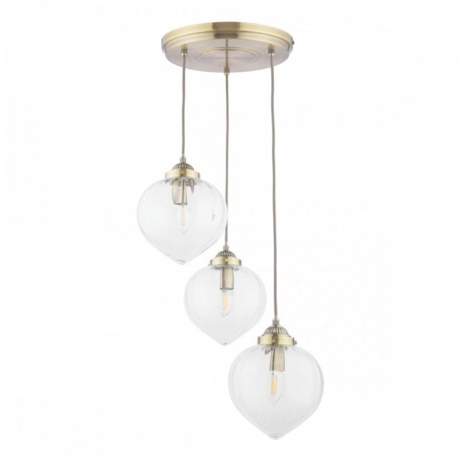 Whitham 3 Light Cluster Pendant in Antique Brass with Glass Shades