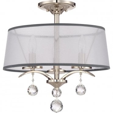 WHITNEY 3 Light Semi-Flush Ceiling Light White Organza Shade, Crystal Drops