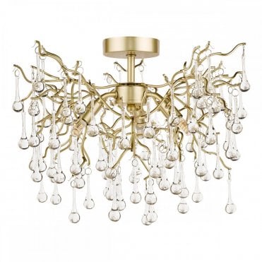 3 light semi flush ceiling light with delicate satin champagne gold branches and crystal glass droplets