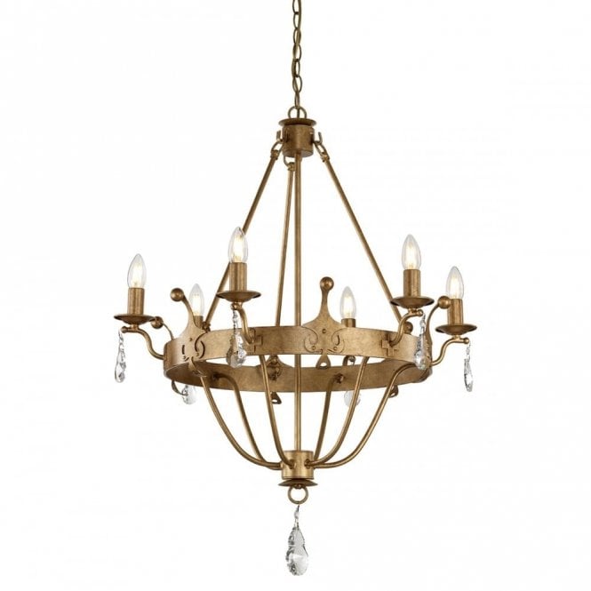 WINDSOR 6 Light Chandelier Gold Patina Crystal Drops