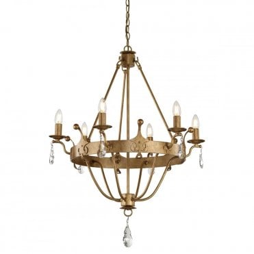WINDSOR 6 Light Chandelier Gold Patina Crystal Drops