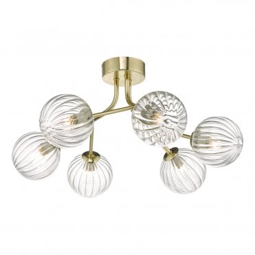 6 Light Semi Flush Ceiling Light in Gold with Ribbed Glass Globe Shades