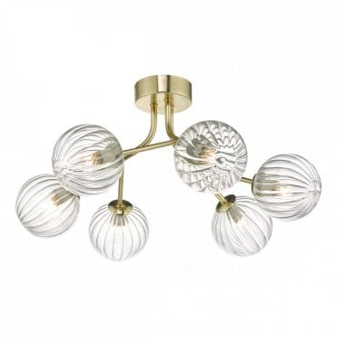 YISKA 6 Light Semi Flush Ceiling Light in Gold with Ribbed Glass Globe Shades