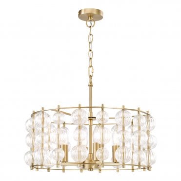 4 light pendant in satin gold and ribbed glass