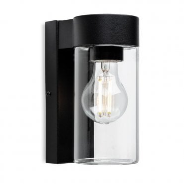 black exterior wall light with clear tubed shade