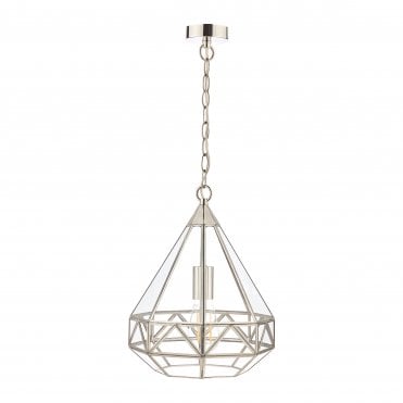 polished silver and glass geometric lantern style ceiling pendant